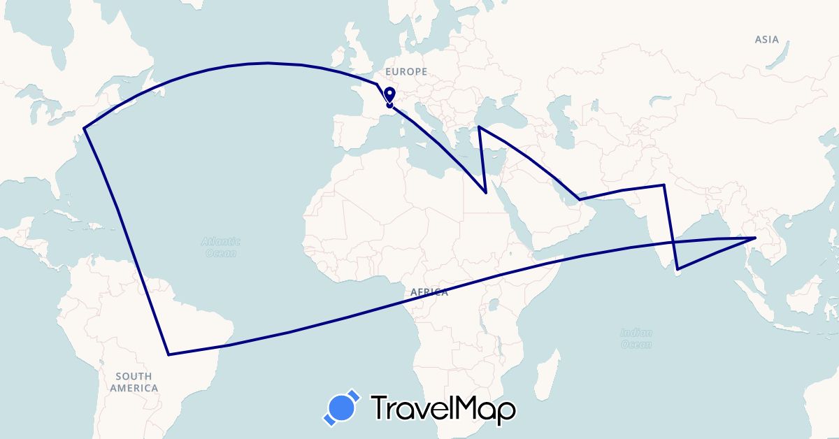 TravelMap itinerary: driving in United Arab Emirates, Brazil, Egypt, France, India, Sri Lanka, Thailand, Turkey, United States (Africa, Asia, Europe, North America, South America)